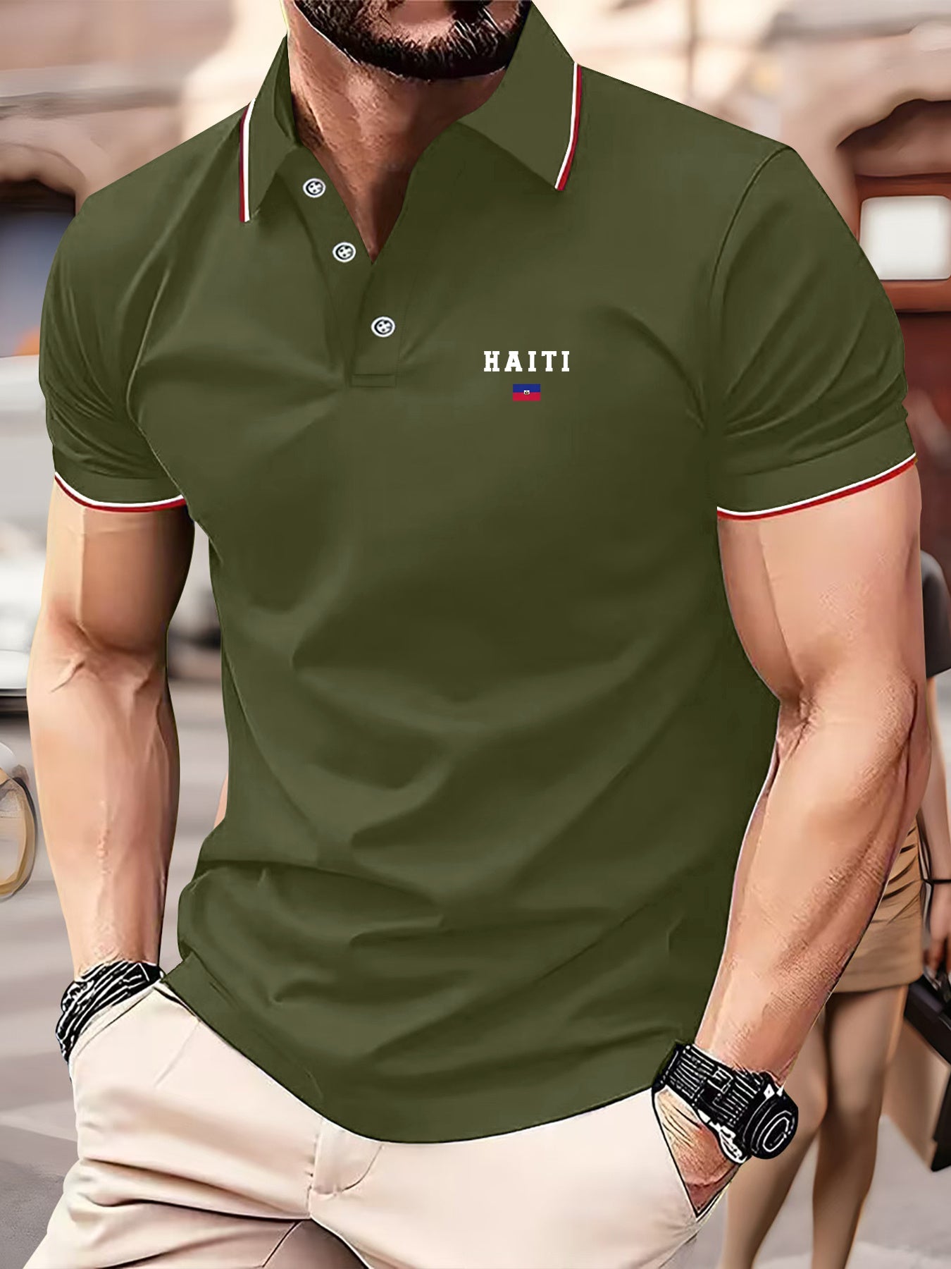 Chemise d'Été Pour Hommes Olive Rouge Et Blanc Col Rayé Imprimé Drapeau Haïti Respirante Manches Courtes Casual Machine Lavable