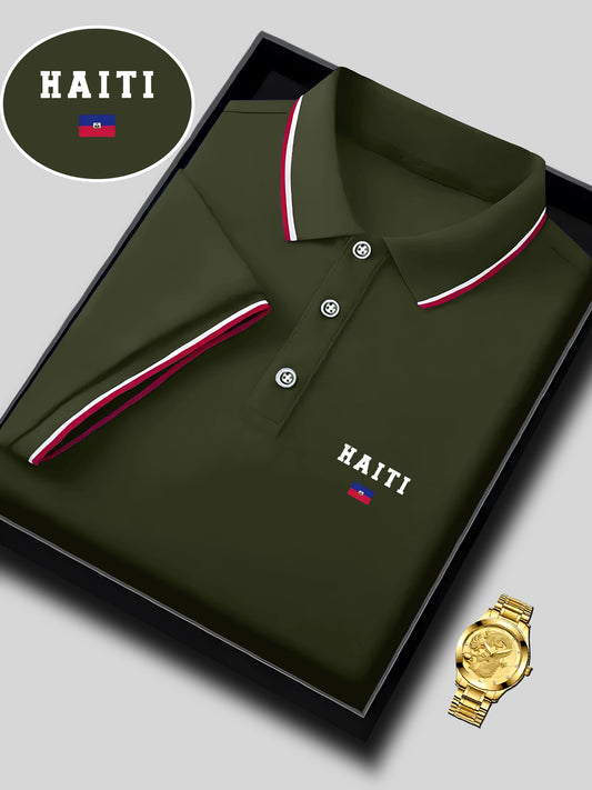Chemise d'Été Pour Hommes Olive Rouge Et Blanc Col Rayé Imprimé Drapeau Haïti Respirante Manches Courtes Casual Machine Lavable
