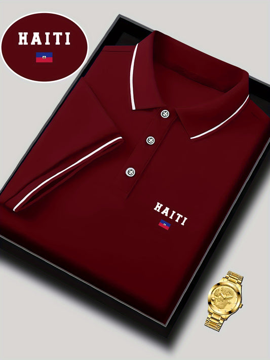 Chemise d'Été Pour Hommes Olive Rouge Et Blanc Col Rayé Imprimé Drapeau Haïti Respirante Manches Courtes Casual Machine Lavable