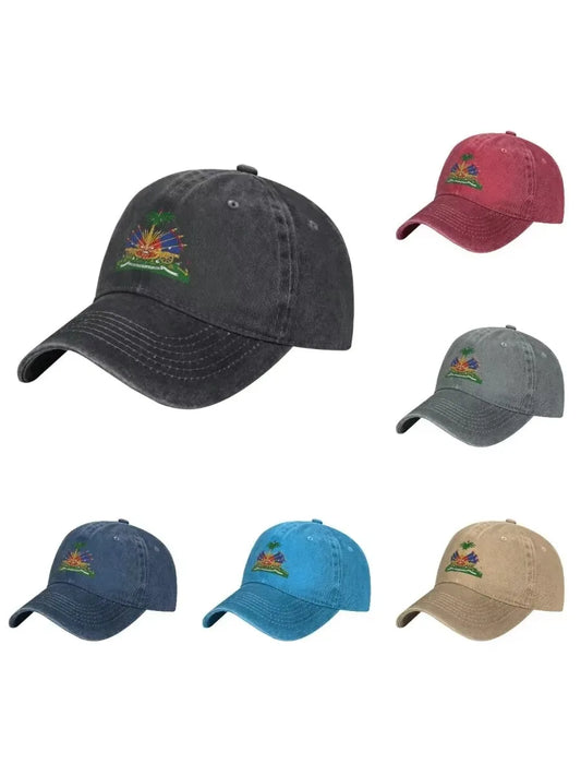 Casquette de baseball rétro en coton délavé avec imprimé drapeau d'Haïti