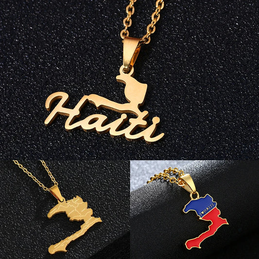 Collier avec pendentif en forme de carte d'Haïti,  en acier inoxydable